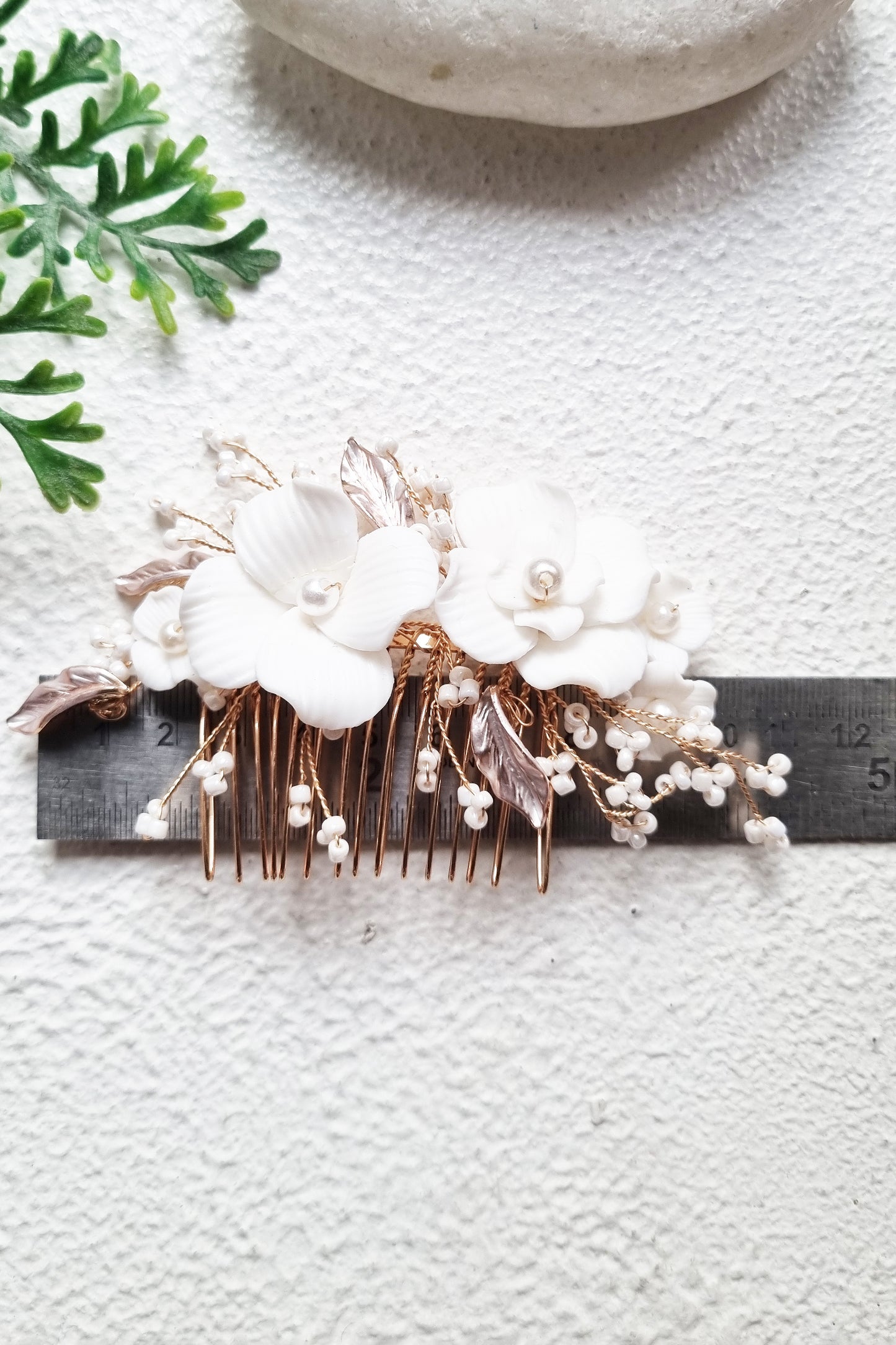 Gold Ceramic Floral Bridal Comb with Pearls and Rose Gold Leaves