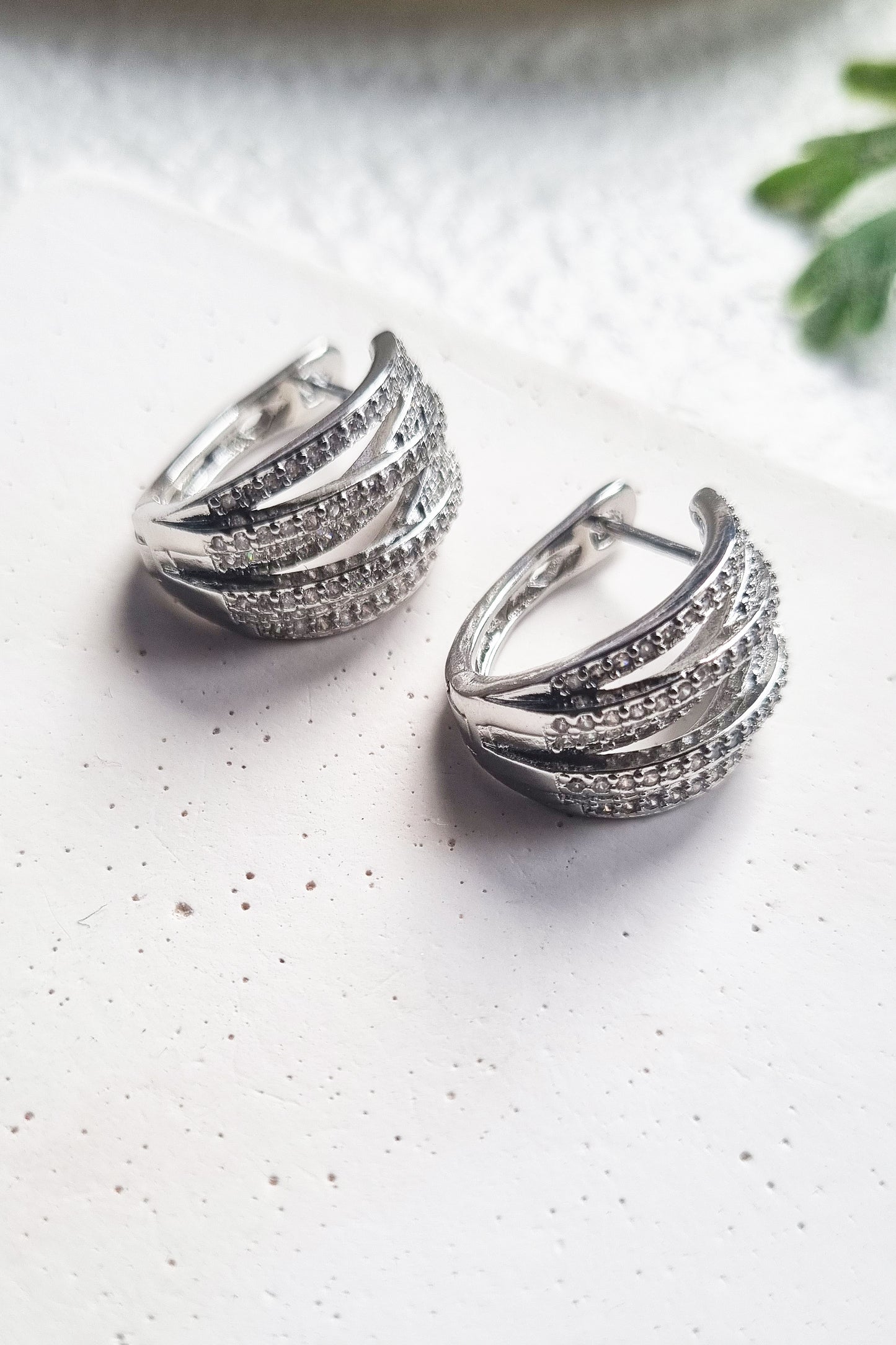 Wide Silver CZ Multi Row Hoop Earrings