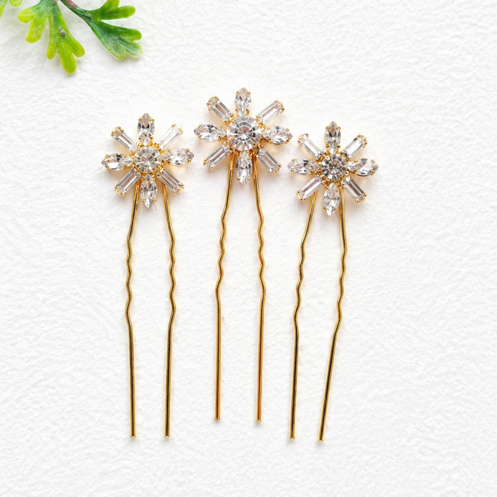 Art Deco Floral Bridal Crystal Hair Pins for Wedding - Gold Set of 3