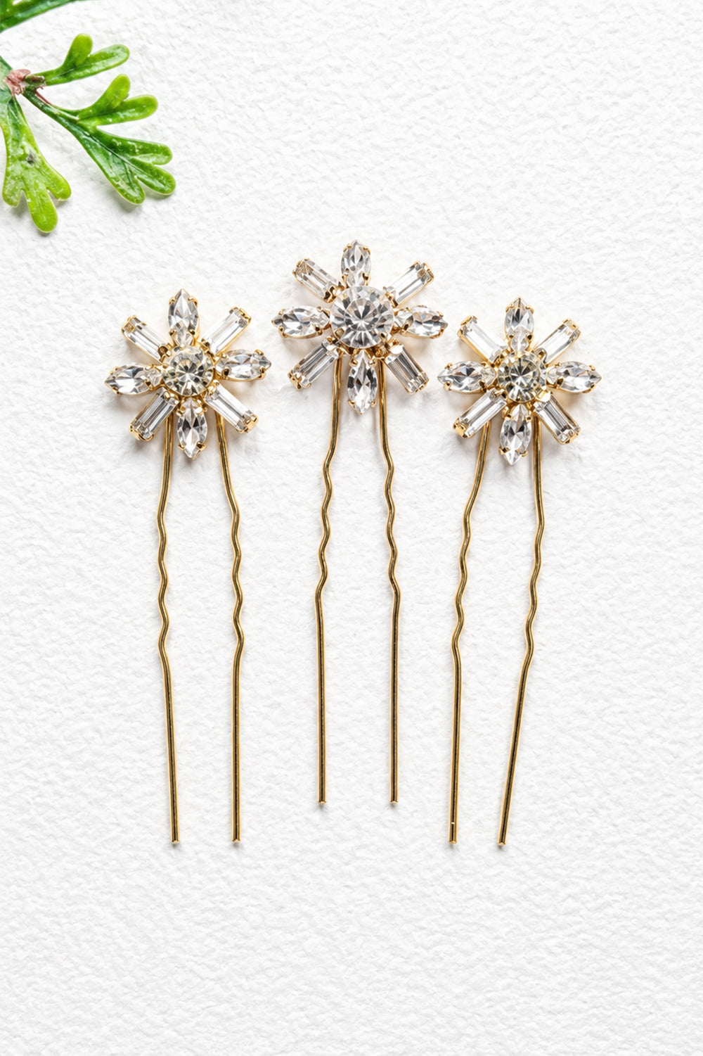 Art Deco Floral Bridal Crystal Hair Pins for Wedding - Gold Set of 3