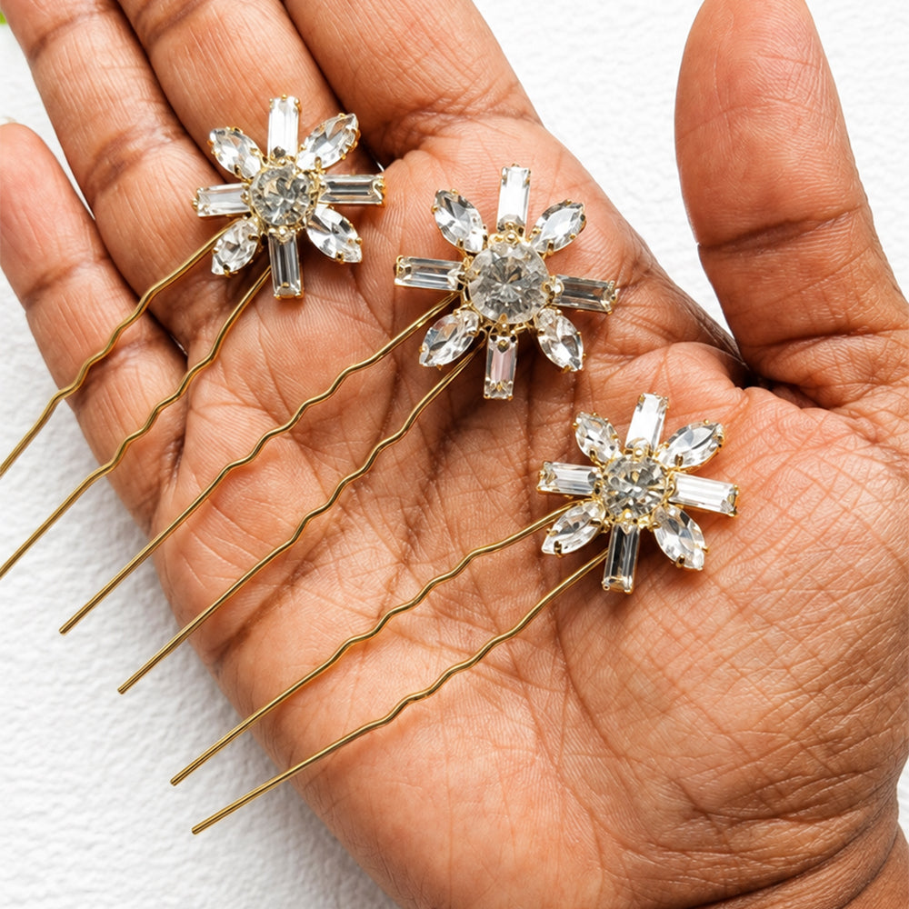Art Deco Floral Bridal Crystal Hair Pins for Wedding - Gold Set of 3