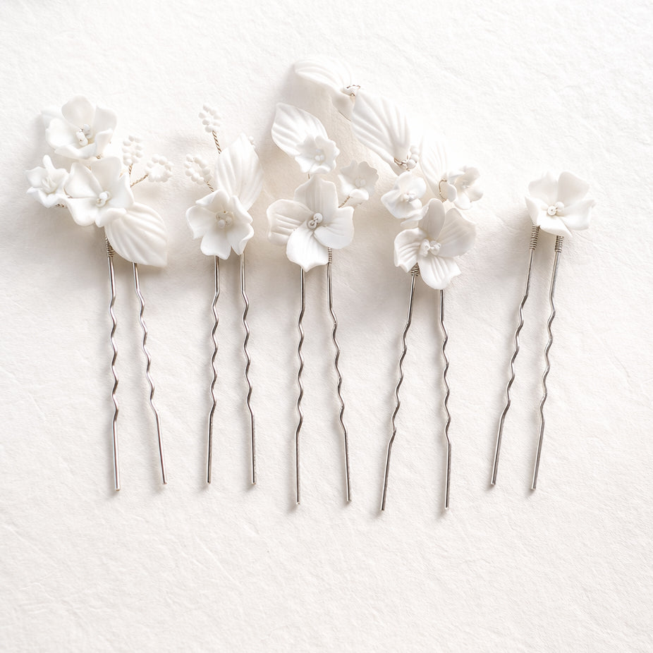 Ceramic Flower Bridal Hair Pins - Gold & Silver Wedding Sets