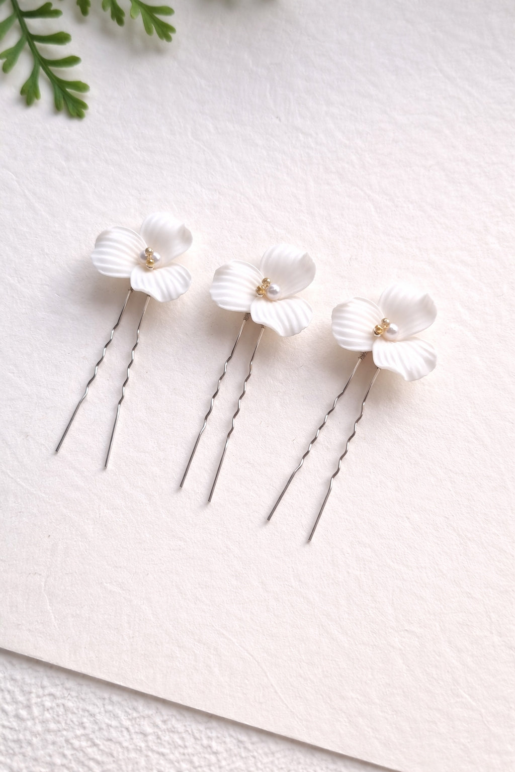 Ceramic Flower Bridal Hair Pins Set of 3 | Gold & Silver