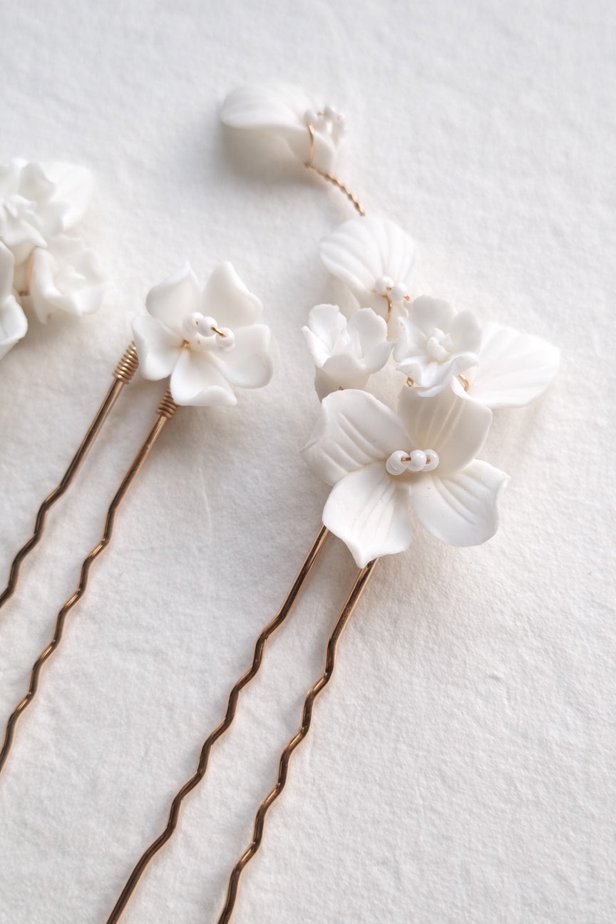 Ceramic Flower Bridal Hair Pins - Gold & Silver Wedding Sets