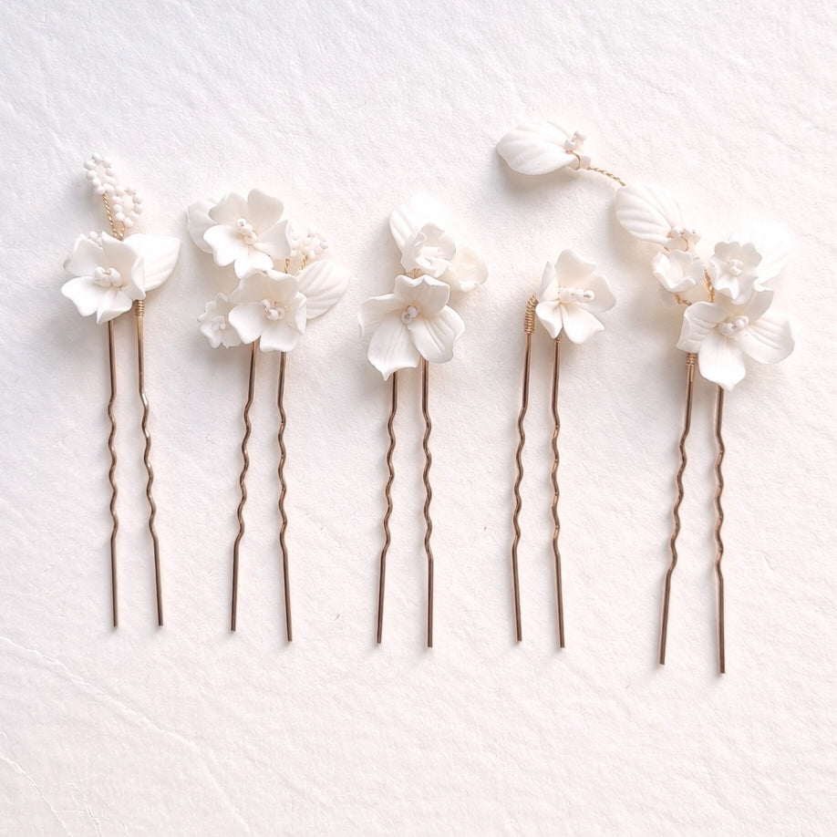 Ceramic Flower Bridal Hair Pins - Gold & Silver Wedding Sets
