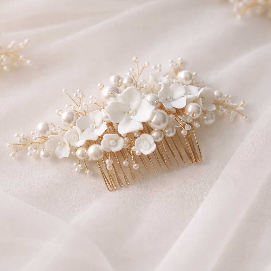 Ceramic Wedding Hair Comb with pearls