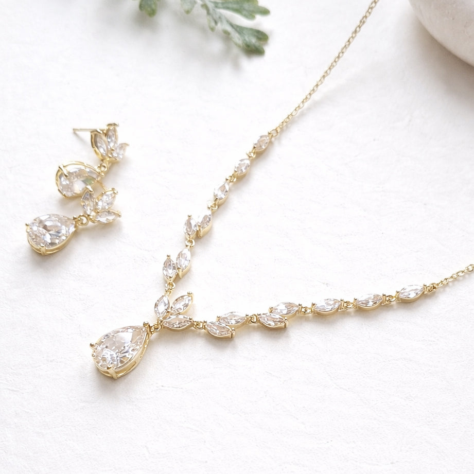 Dainty Marquise Leaf Wedding Necklace with Pear Drop