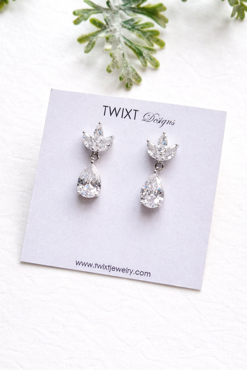 Dainty Marquise Leaf Wedding Earrings with Pear Drop