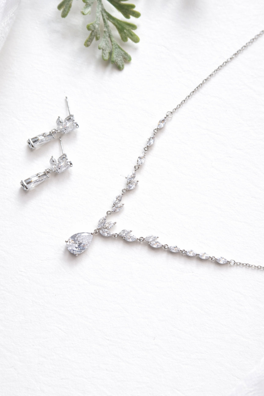 Dainty Marquise Leaf Wedding Necklace with Pear Drop
