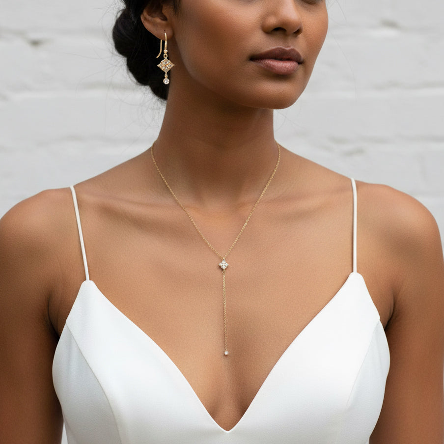 Dainty lariat necklace for weddings, y necklace in gold, silver