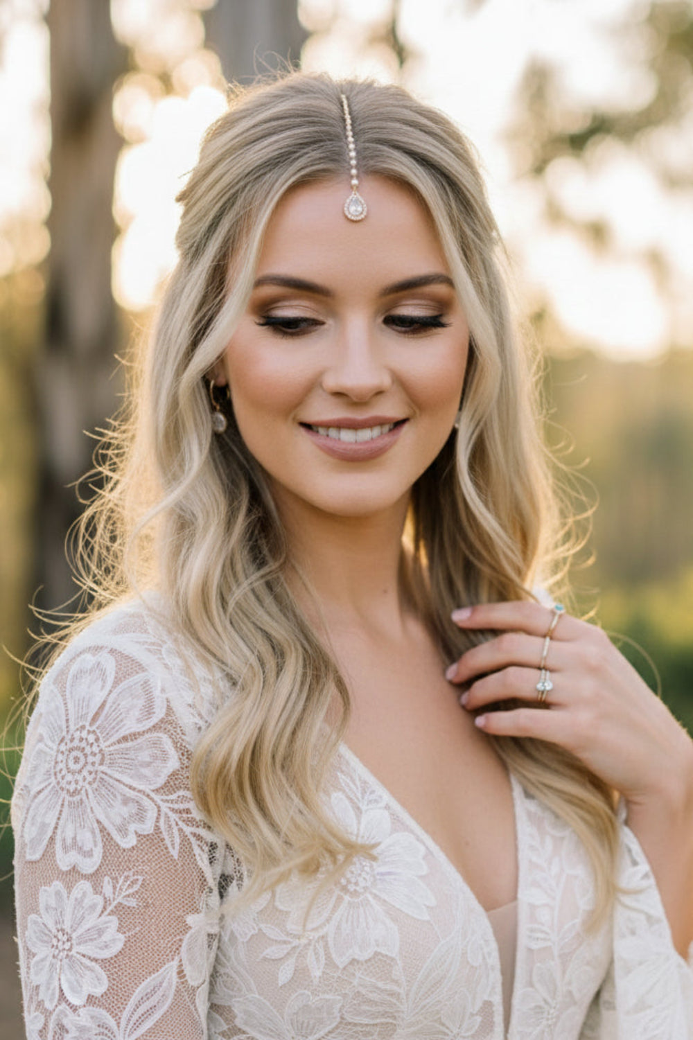 Elegant dainty maang tikka for boho brides & bridesmaids in gold or silver wedding style
