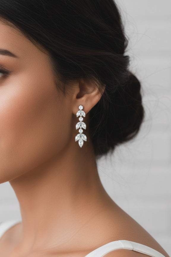 Marquise CZ Leaf Dangle Earrings Silver & Gold