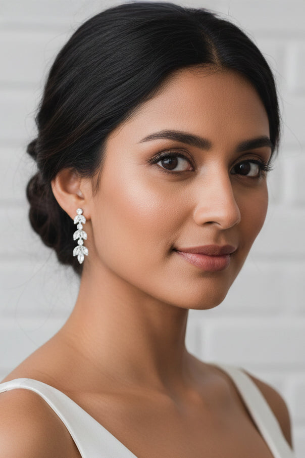 Marquise CZ Leaf Dangle Earrings Silver & Gold