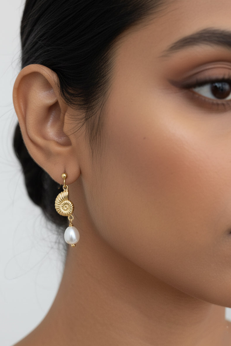 Gold Conch Shell Pearl Drop Earrings