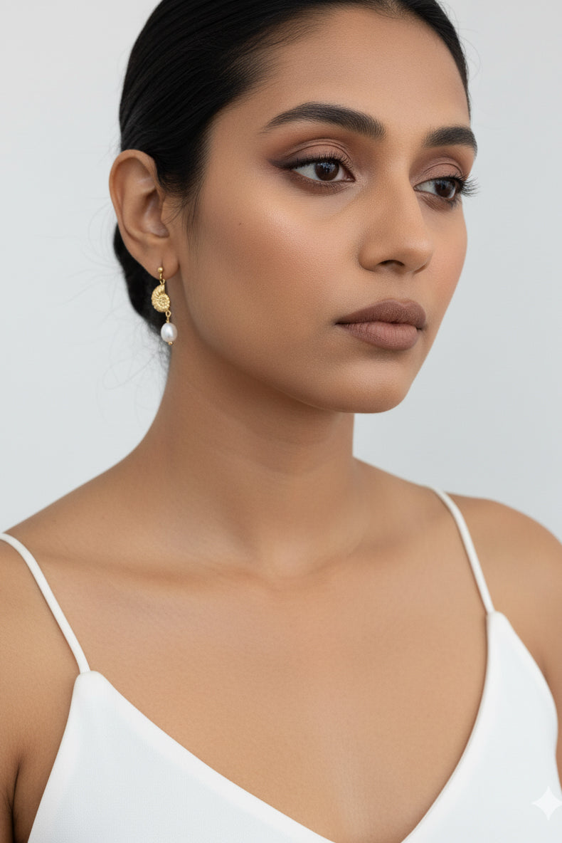 Gold Conch Shell Pearl Drop Earrings