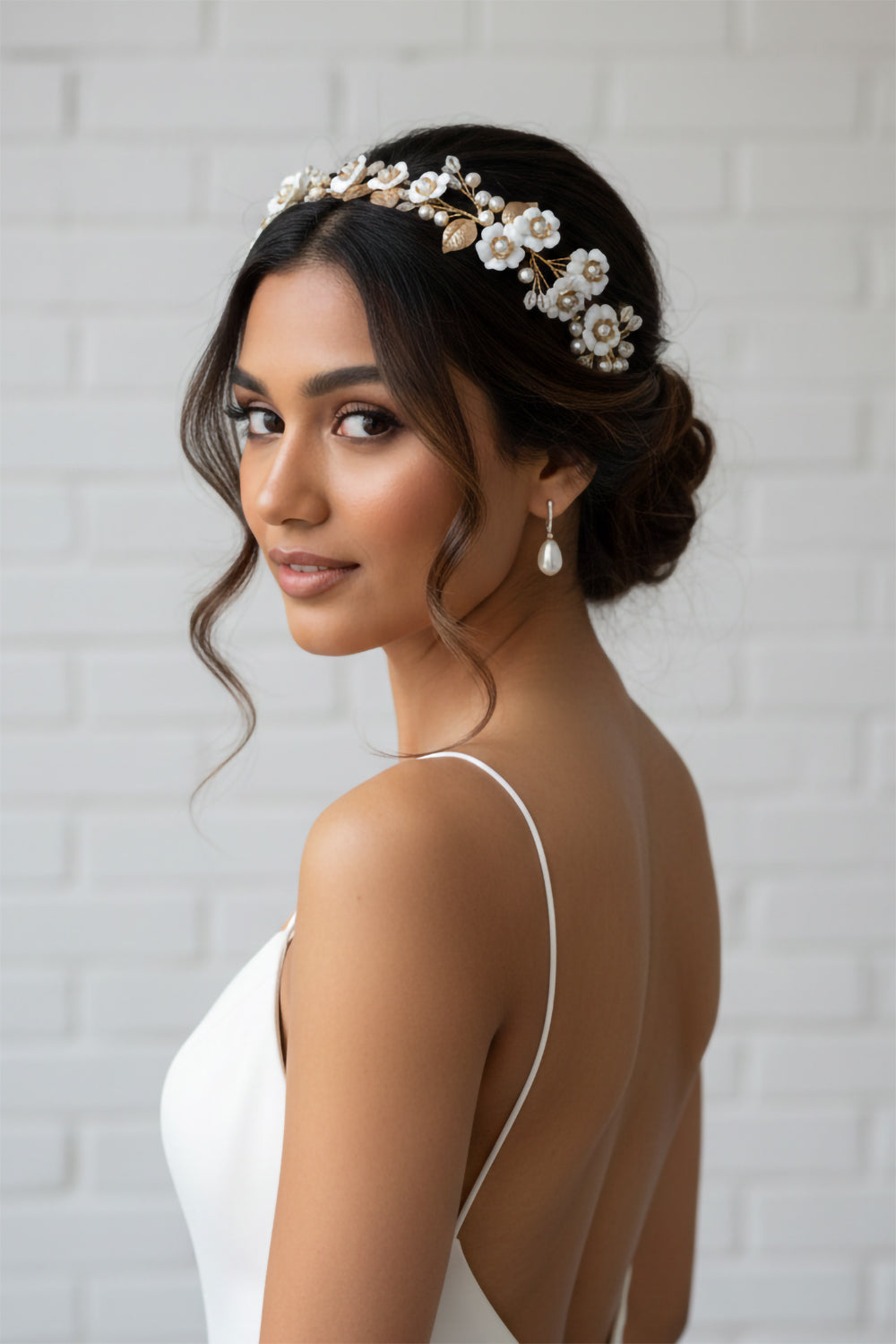 Gold Leaf and Pearl Flower Bridal Headband | Floral Vine