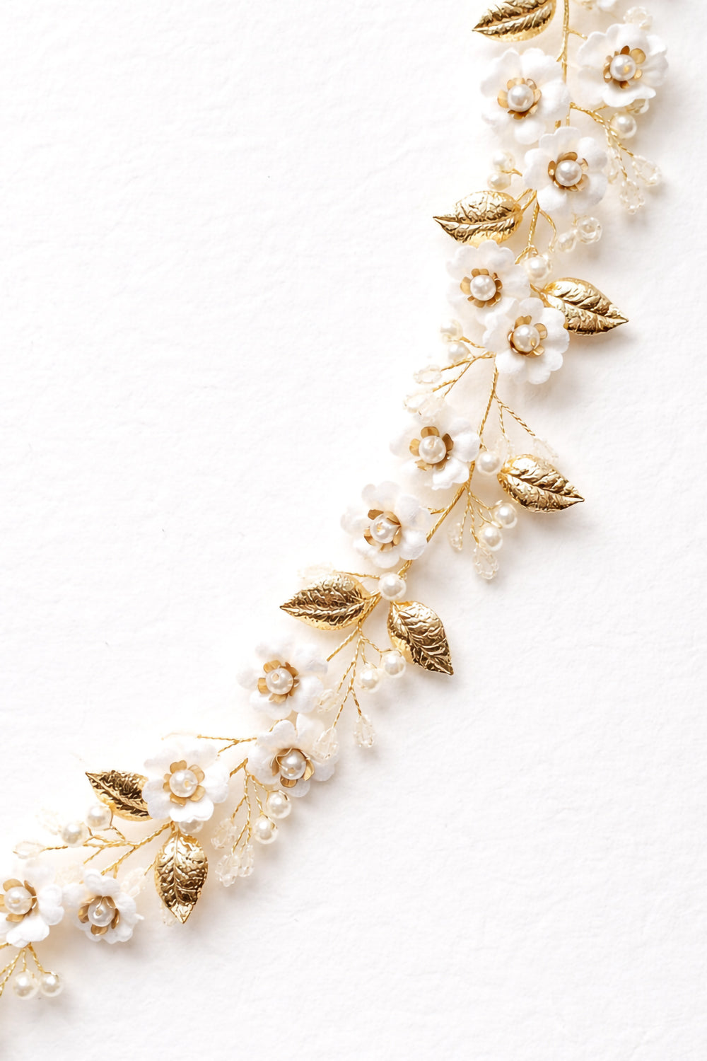 Gold Leaf and Pearl Flower Bridal Headband | Floral Vine
