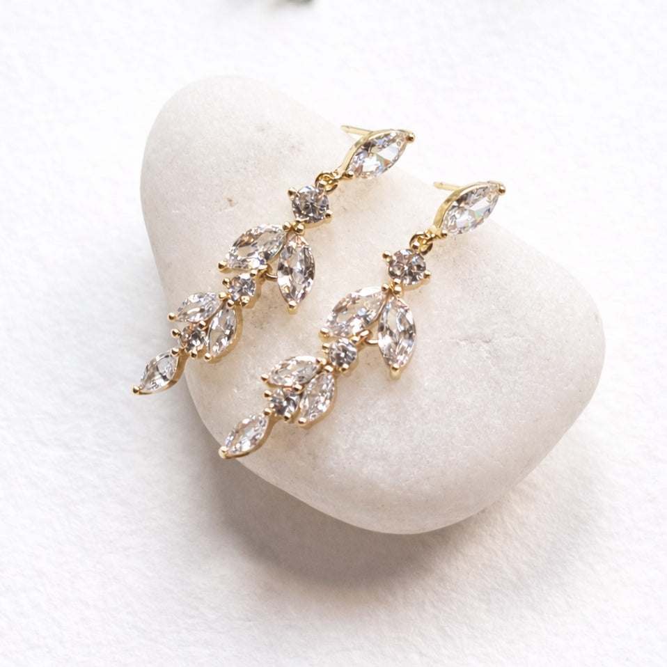 Marquise and Solitaire Crystal Drop Earrings in Gold and Silver