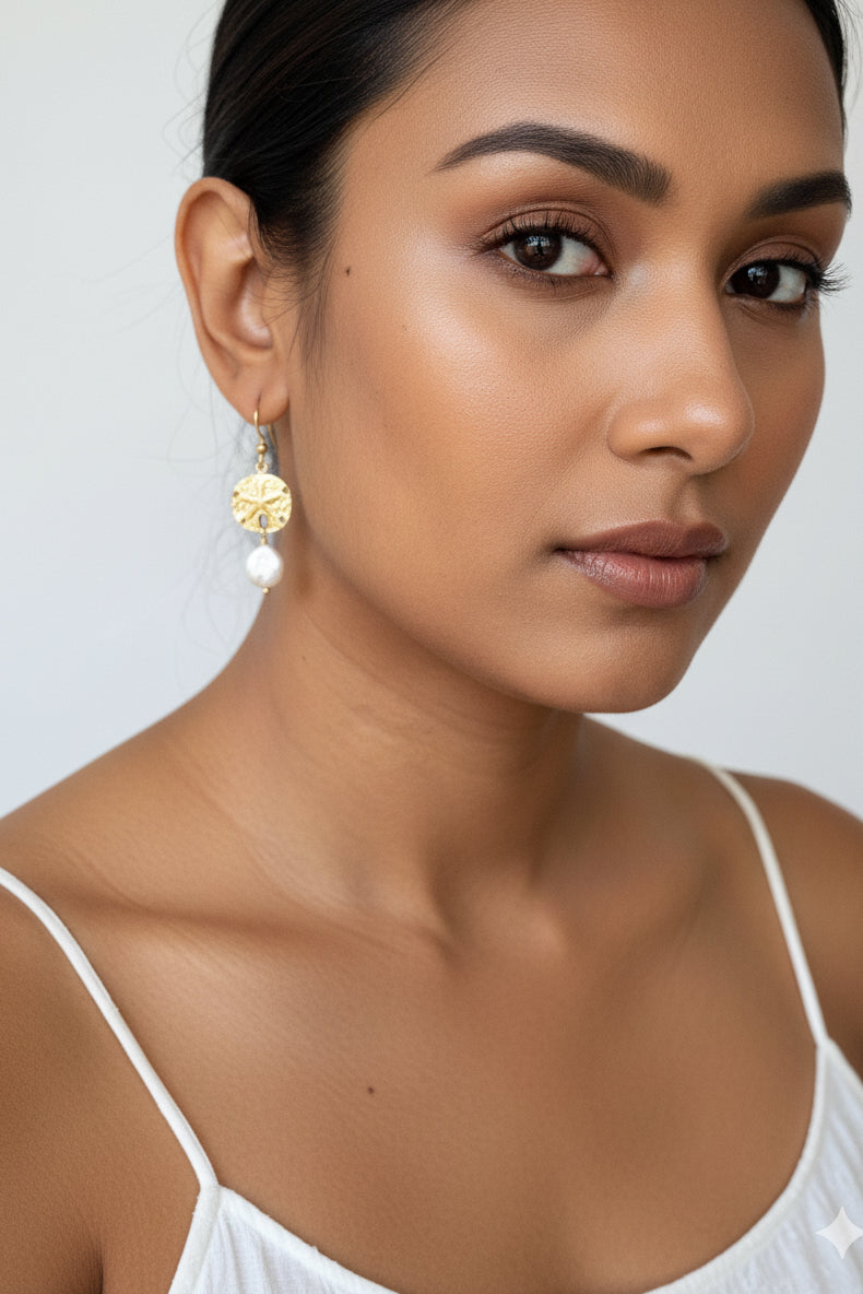 Gold Ocean Inspired Sand Dollar & Pearl Drop Earrings