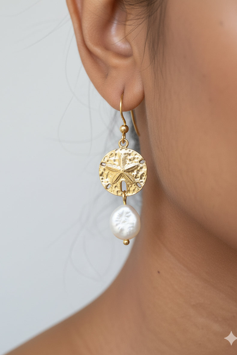 Gold Ocean Inspired Sand Dollar & Pearl Drop Earrings