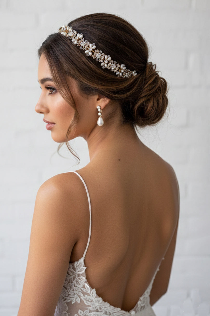 Gold and Pearl Bridal Hair Vine -  Wedding Headband