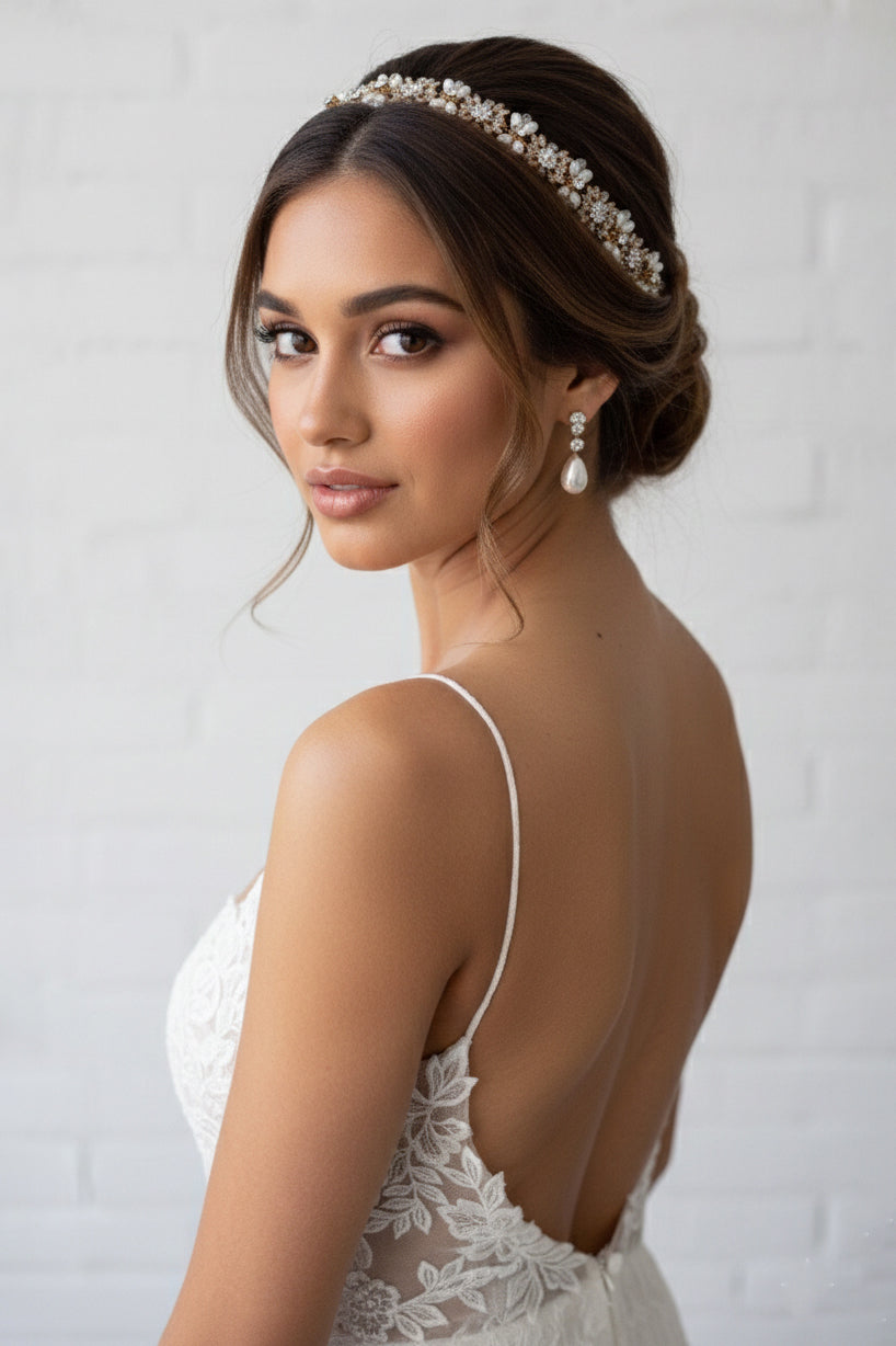 Gold and Pearl Bridal Hair Vine -  Wedding Headband