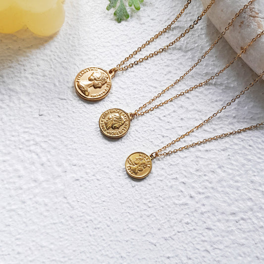 Gold coin necklace, medallion disc necklace, waterproof 18k gold plated necklace