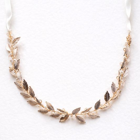 Matte Rose Gold Leaf Bridal Headband with Pearls