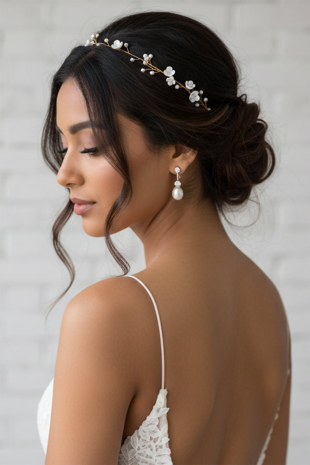Minimalist Gold Flower Headband with Pearls for Brides, Bridesmaids and Flower girls