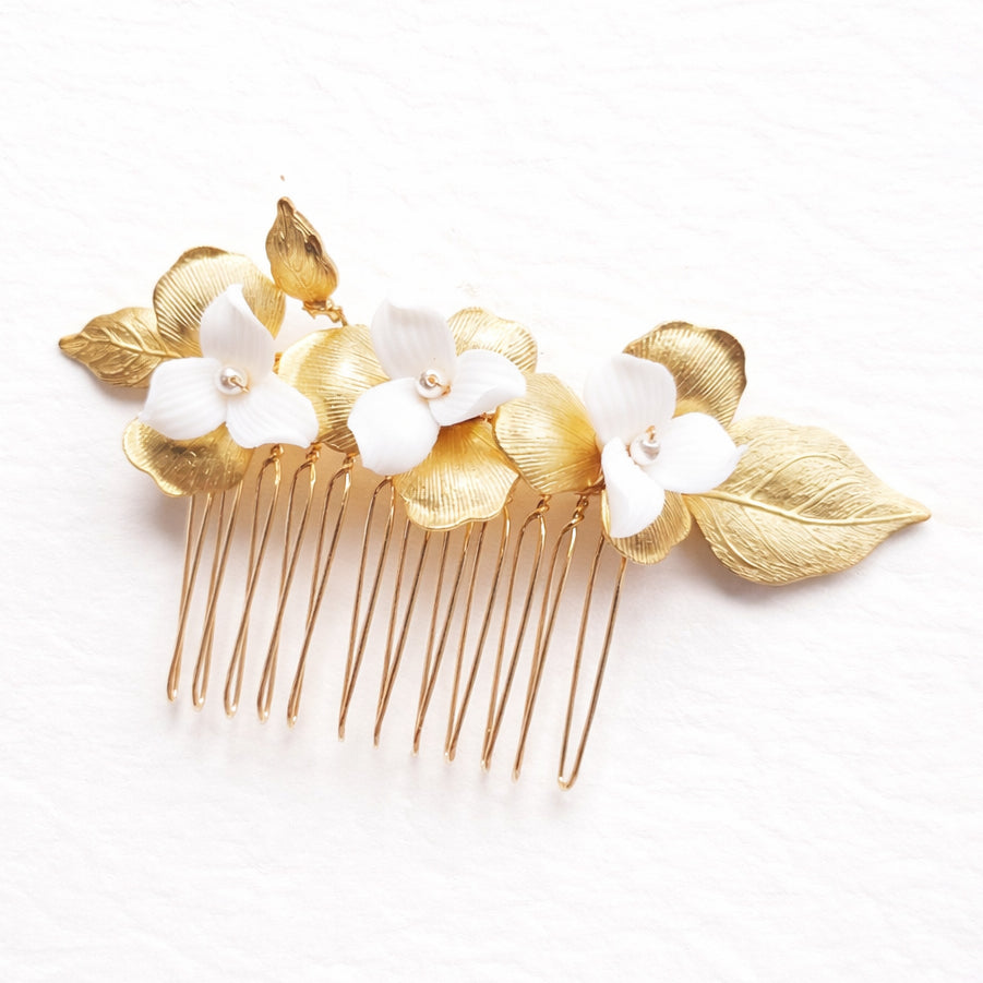 Romantic Gold Leaf Ceramic Flower Bridal Hair Comb