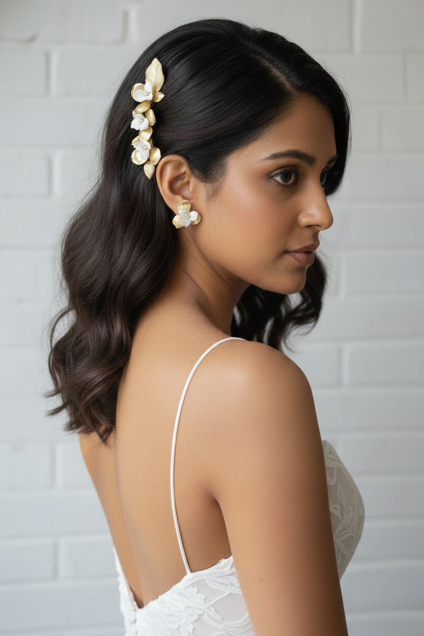 Romantic Gold Leaf Ceramic Flower Bridal Hair Comb