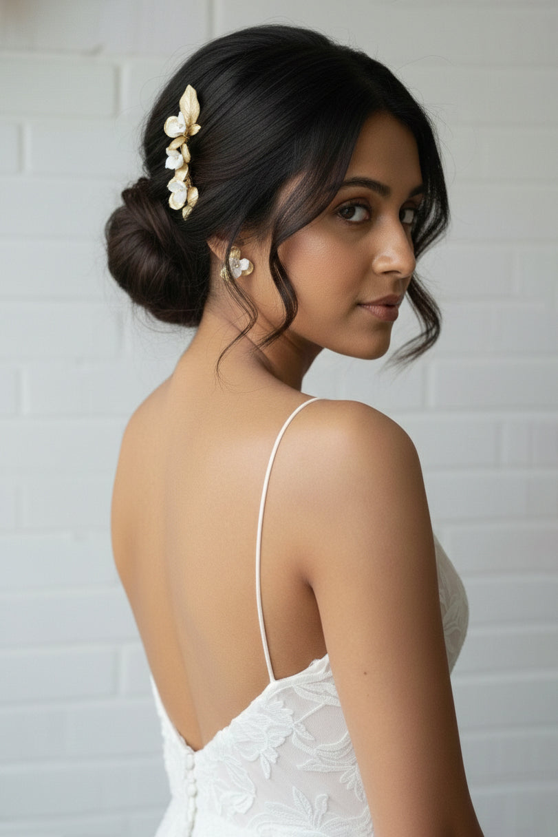 Romantic Gold Leaf Ceramic Flower Bridal Hair Comb