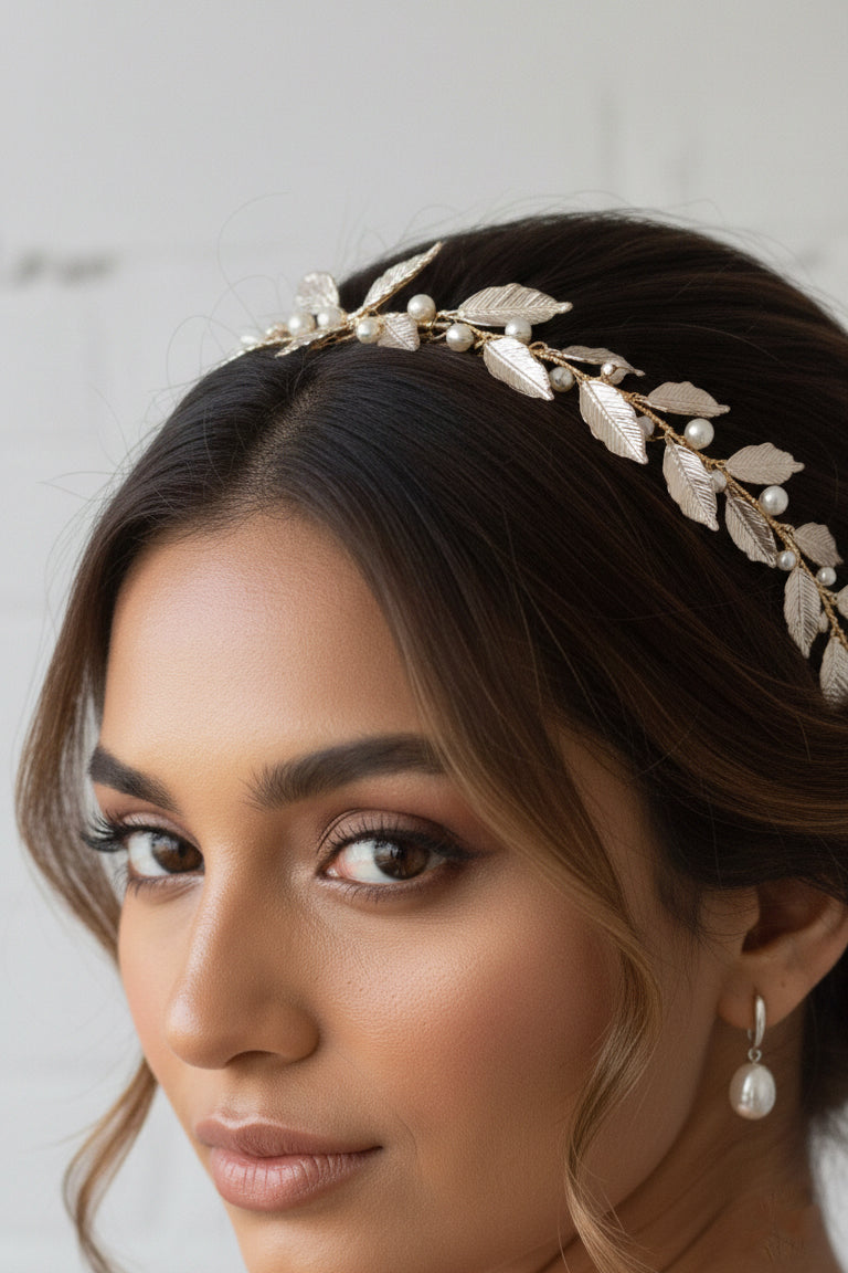 Matte Rose Gold Leaf Bridal Headband with Pearls