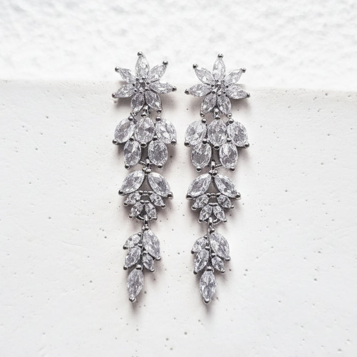 Silver CZ Leaf Chandelier Dangle Earrings
