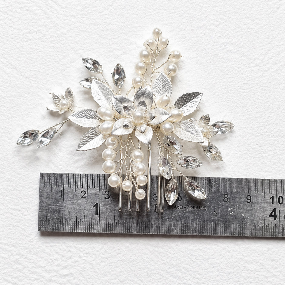Silver Leaf Bridal Hair Comb with Pearls