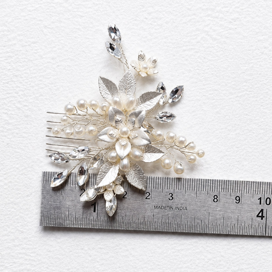Silver Leaf Bridal Hair Comb with Pearls