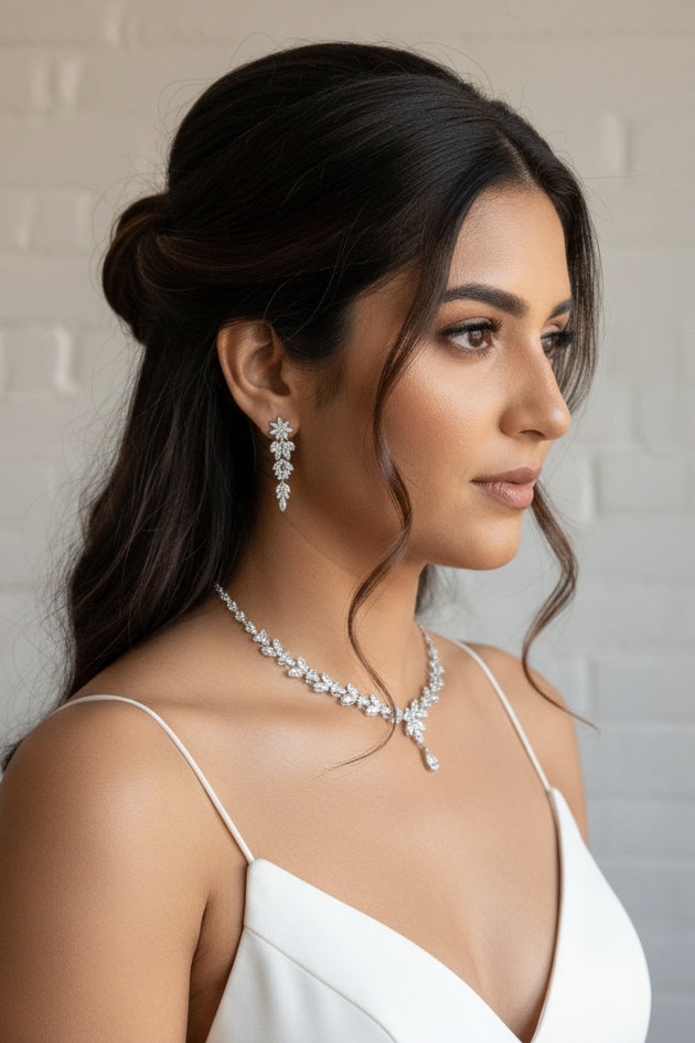 Silver CZ Leaf Chandelier Dangle Earrings