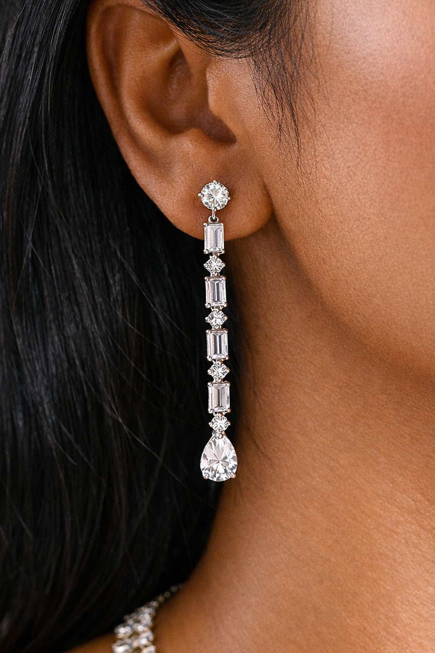 Silver Precision Cut CZ Bridal Dangle Earrings