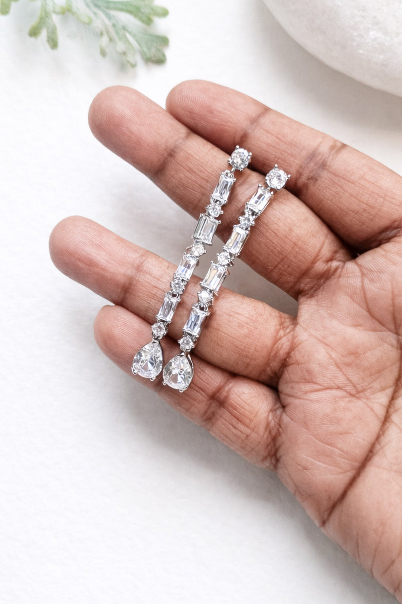 Silver Precision Cut CZ Bridal Dangle Earrings