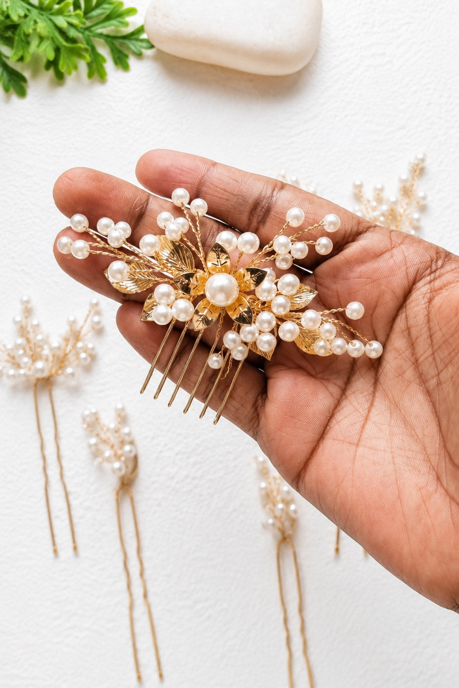Gold Floral & Pearl Bridal Hair Accessory Set