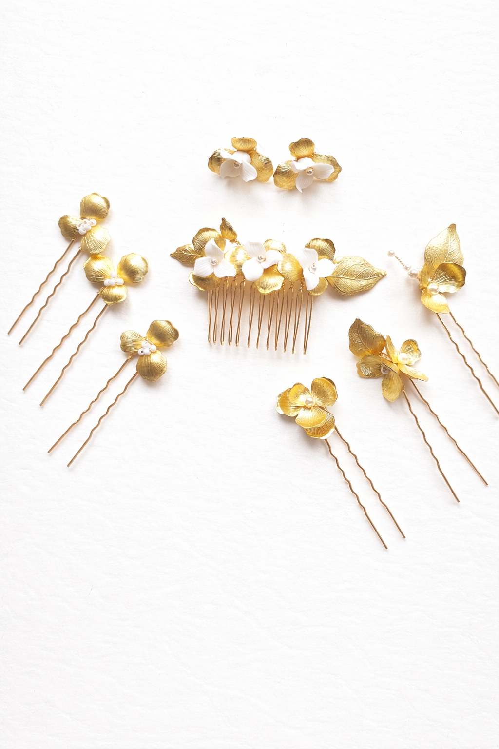 Romantic Gold Leaf Ceramic Flower Bridal Hair Comb